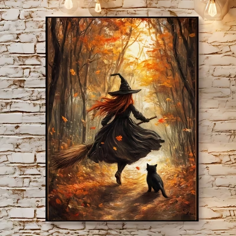 Home Decor Theme - Retro Halloweenowa Jesienna Wiedźma na Miotle